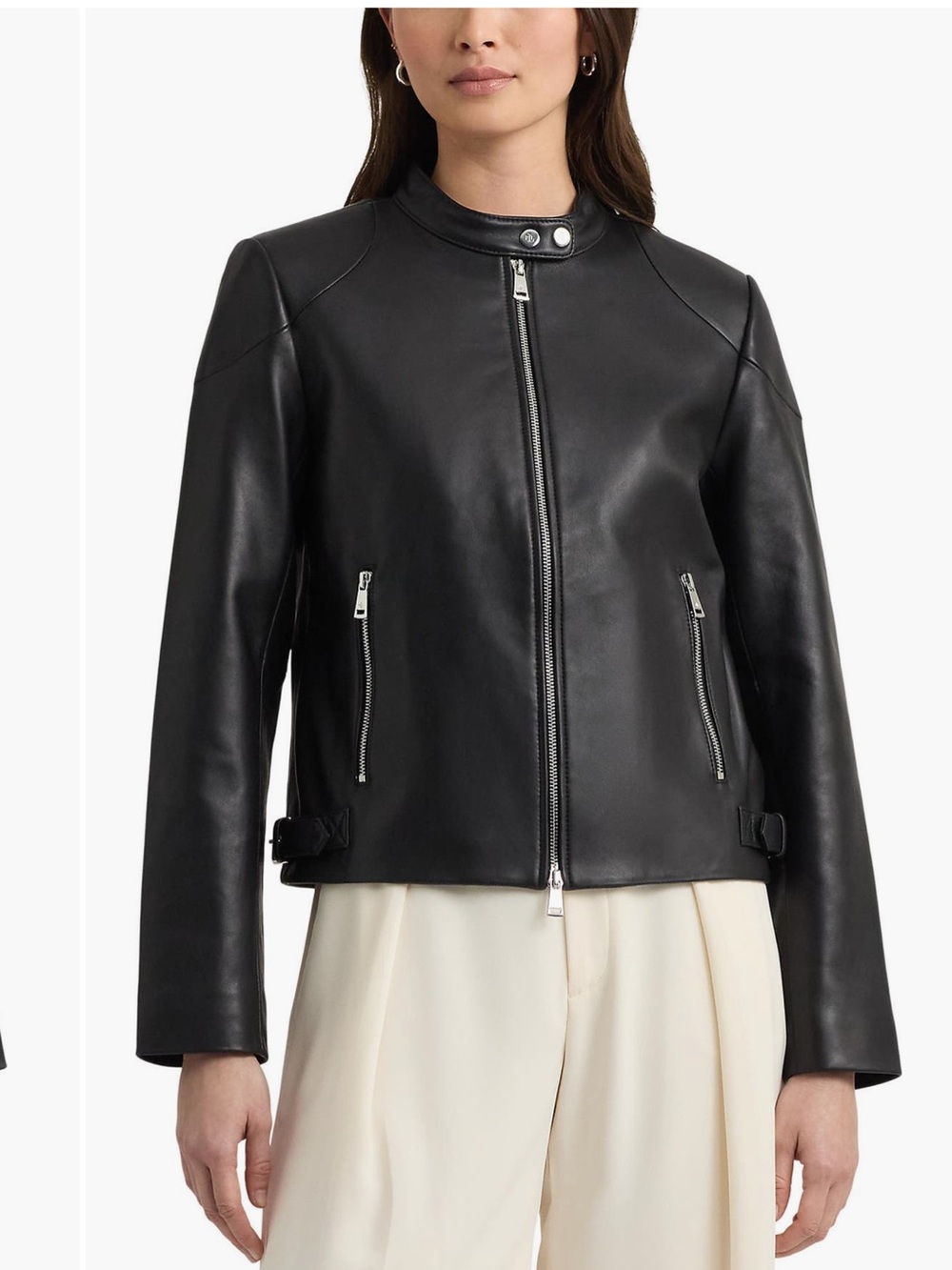 Lauren Ralph Lauren Black Leather Moto Jacket with Snap Collar